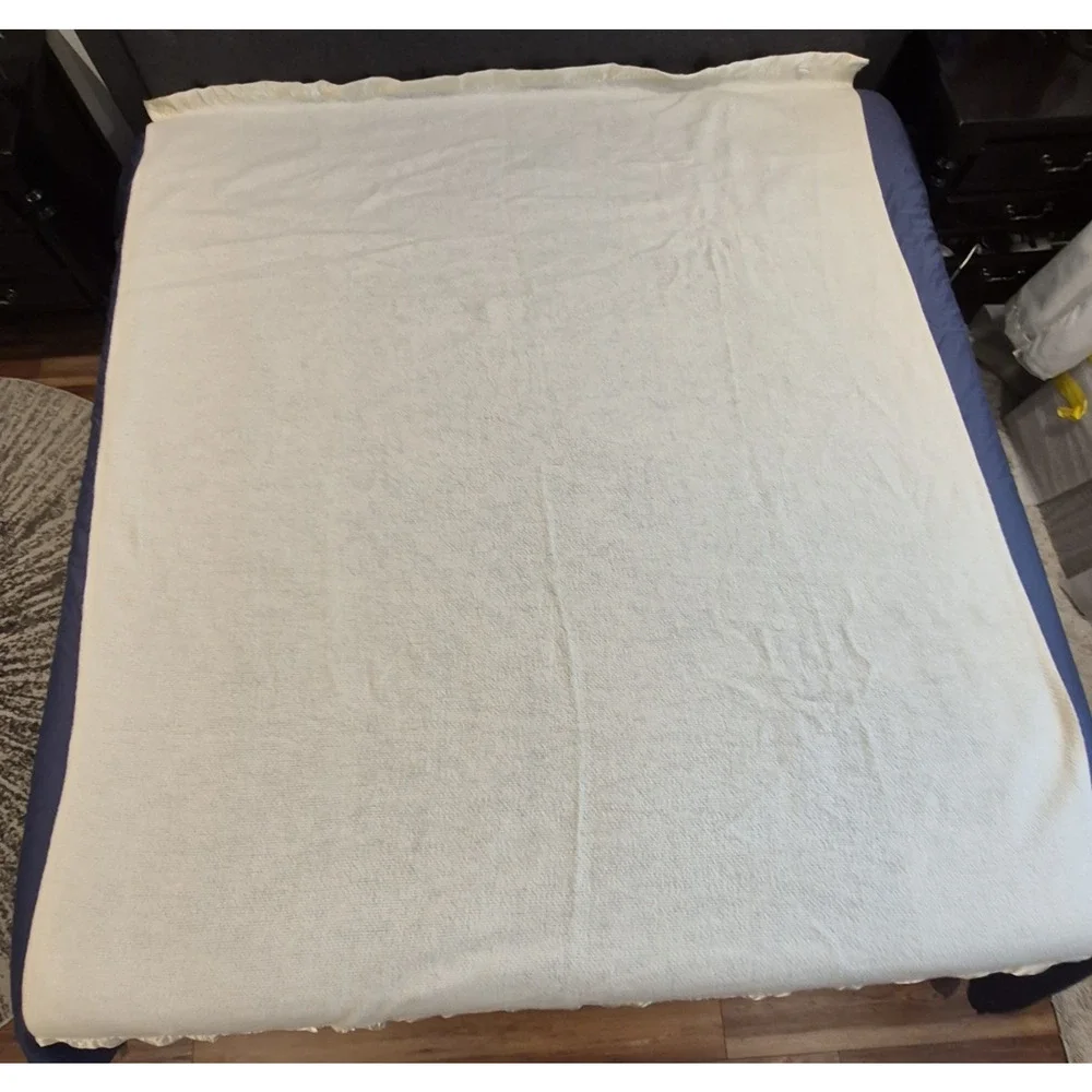 Vintage Acrylic Waffle Weave Blanket Ivory Cream Twin Satin Trim USA 69x87